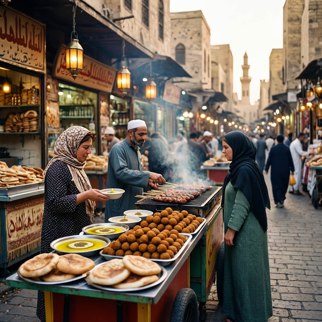 Egypt Travel Guide: Egyptian street vendors cooking and serving food in a busy market at dusk, representing Cairo’s vibrant culinary traditions and everyday life