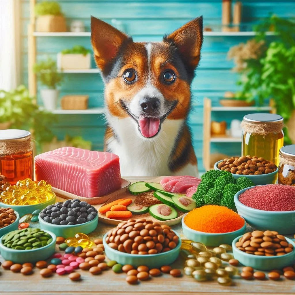 Happy dog sitting behind a table full of healthy foods — meat, vegetables, nuts, and oils — representing Dog Care and Health through balanced nutrition