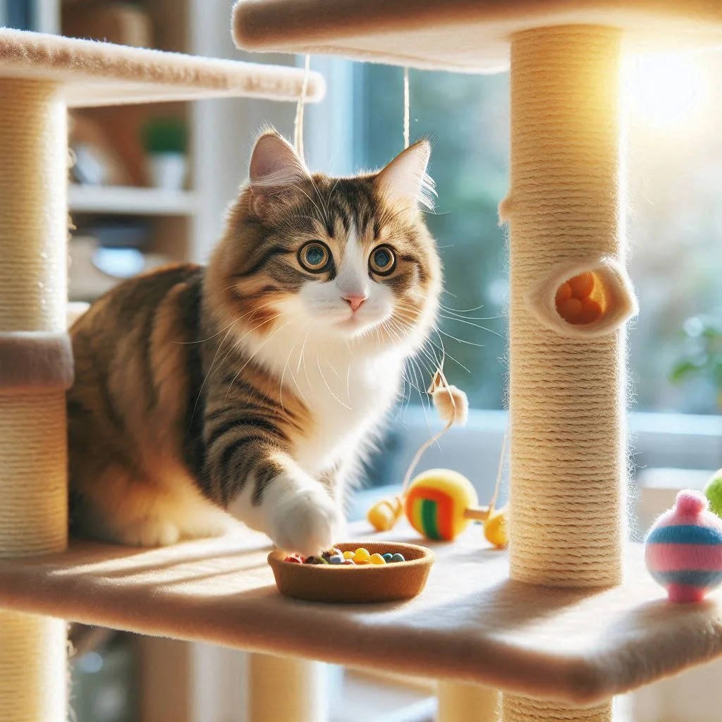 Cat Care and Health — fluffy cat playing with a hanging toy on a scratching post, showing happiness and active engagement