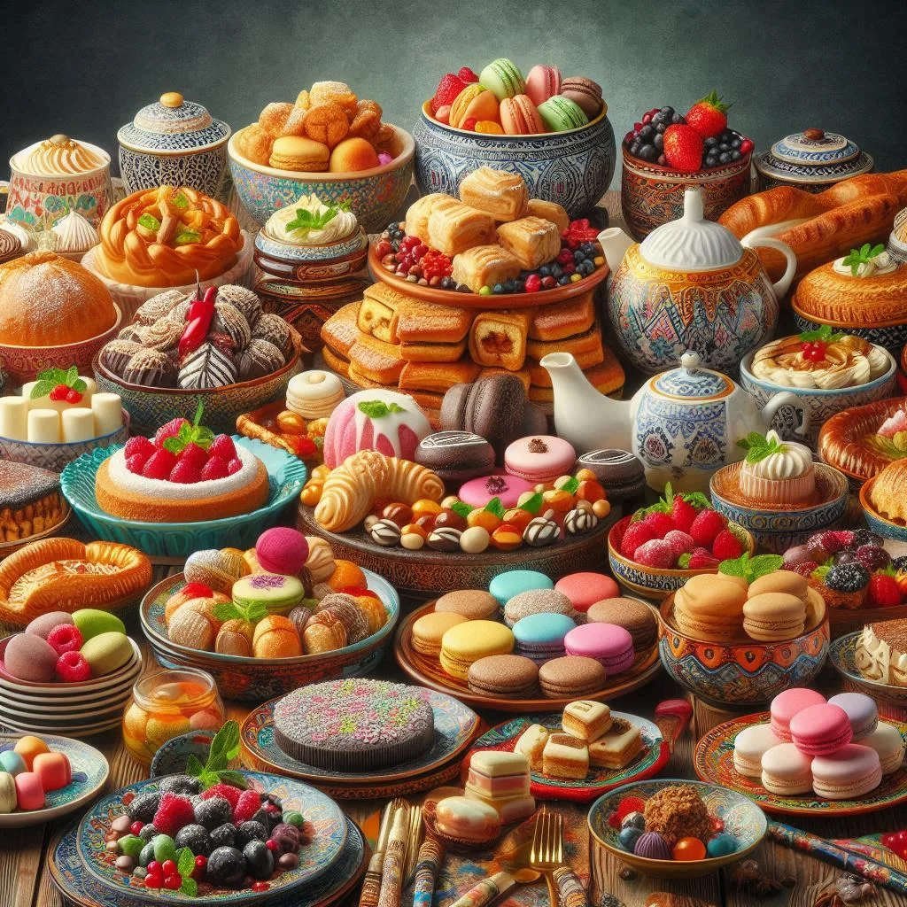 A vibrant assortment of colorful pastries and sweet desserts displayed together