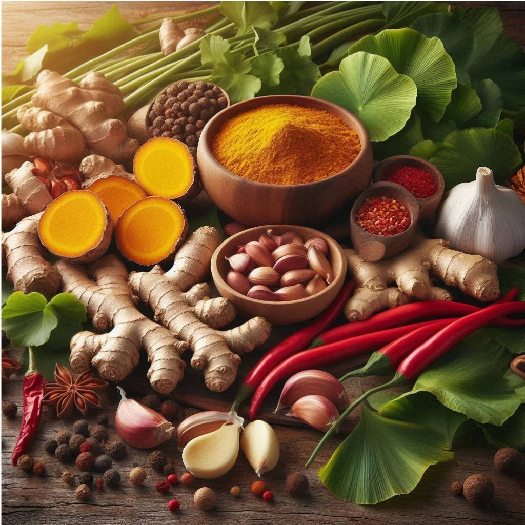 Turmeric, ginger, garlic, and chili arranged together symbolizing Natural Herbs for Blood Circulation and vitality improvement through natural remedies