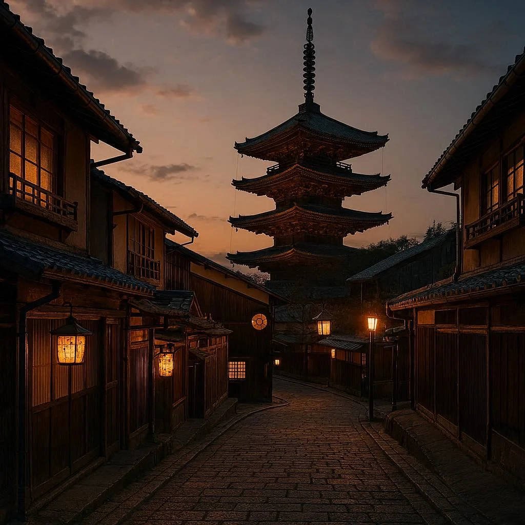 Traditional Japanese pagoda in Kyoto at dusk with warm lights and wooden houses — a scenic highlight of the Japan Travel Guide.