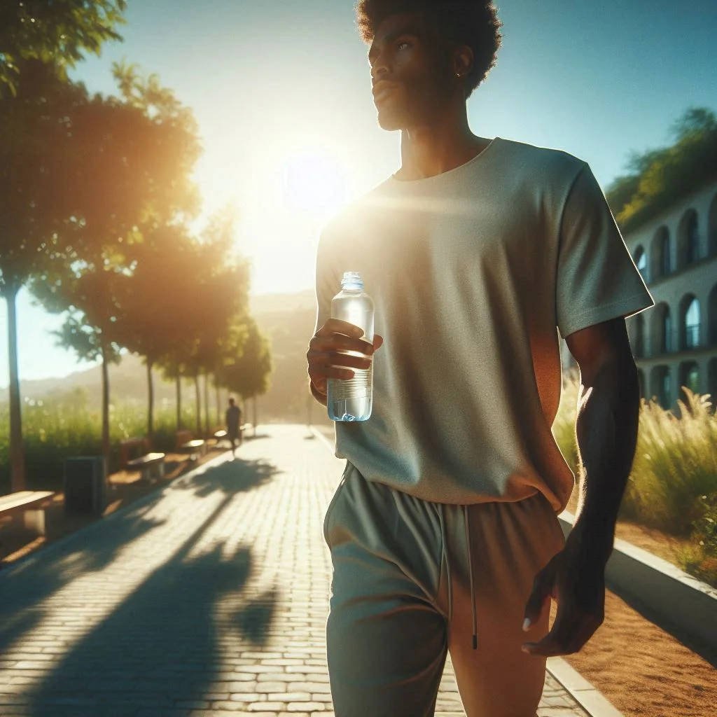 Man walking in sunlight holding a water bottle to prevent Summer Health Problems like dehydration and heat exhaustion