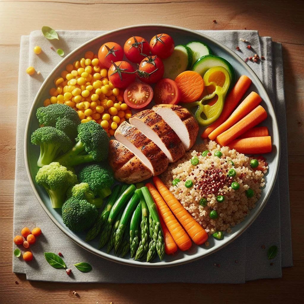 Plate of grilled chicken, quinoa, broccoli, carrots, and cherry tomatoes — a wholesome Healthy Dinner Recipe for Busy Americans promoting energy and health