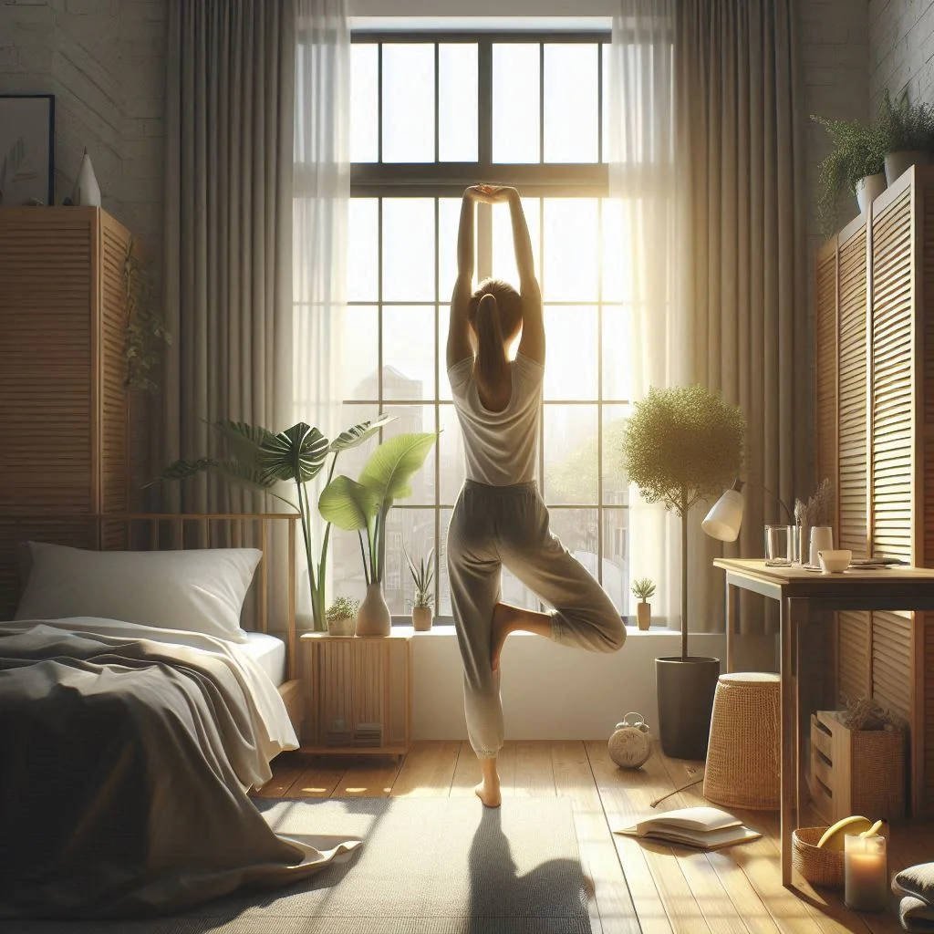 Person stretching in a bright bedroom with plants and sunlight — representing Preventive Health 2026 morning wellness and mindful living