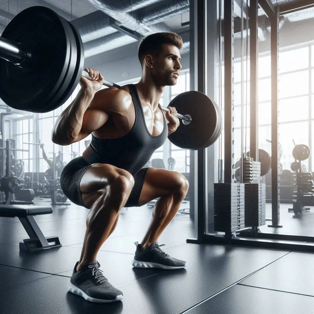 Man doing barbell squats in a gym as part of the Complete Leg Day Training Guide, demonstrating strength and leg muscle development.