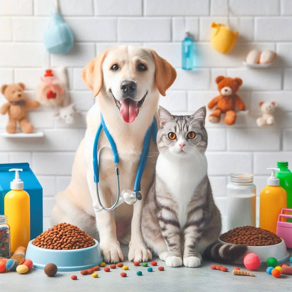 Dog and cat sitting together with a stethoscope in a veterinary clinic — promoting Pet Health and Nutrition through balanced diet and regular care.