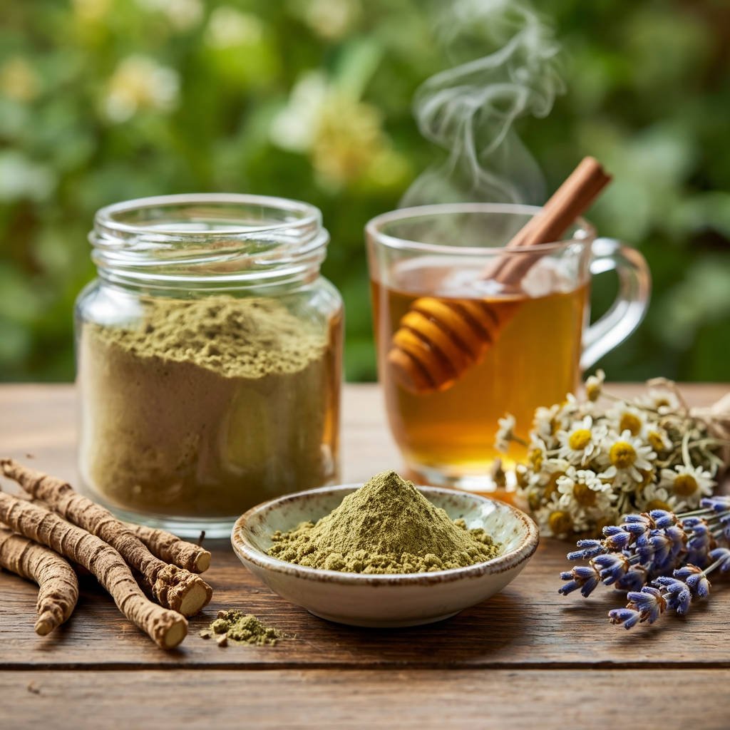 Herbal powder, roots, and tea symbolizing Natural Herbs for Blood Circulation and vitality enhancement through natural remedies