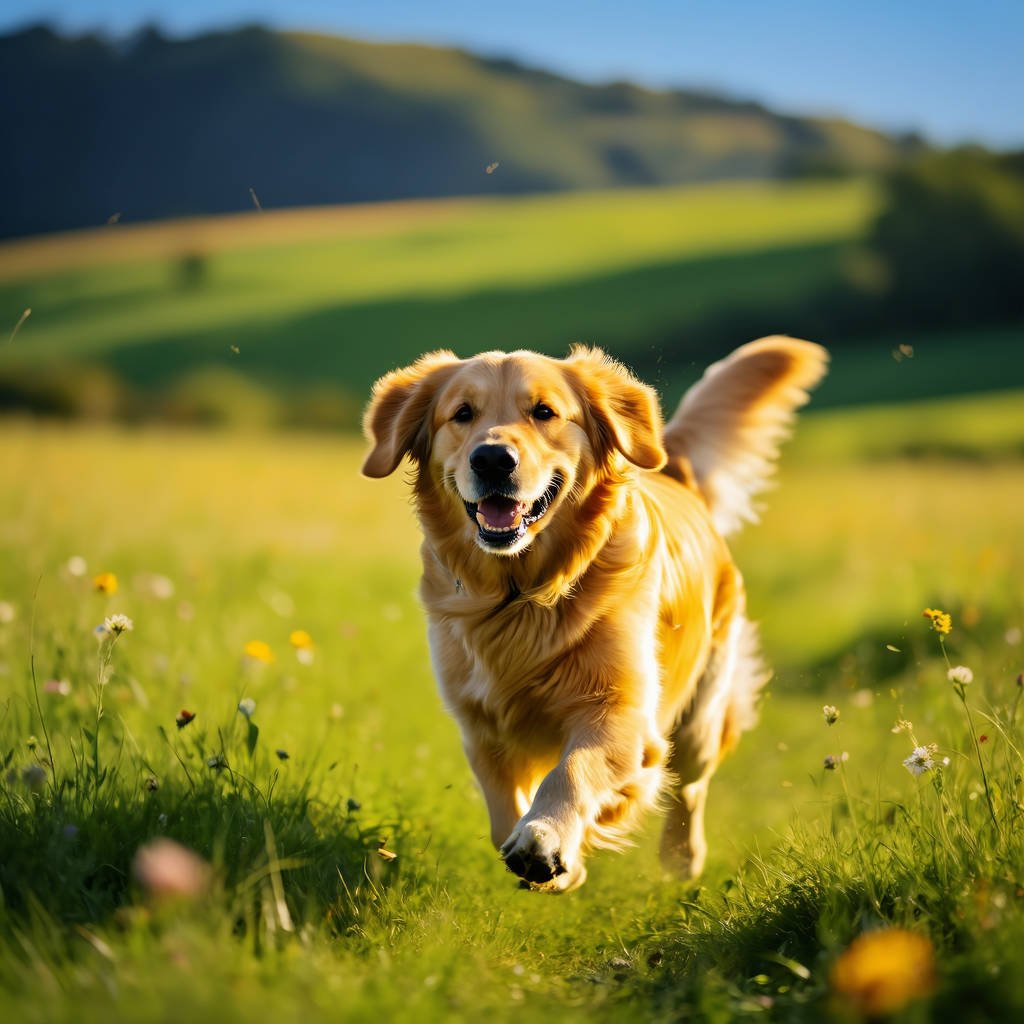 Pet Healthcare golden retriever running in green field on sunny day
