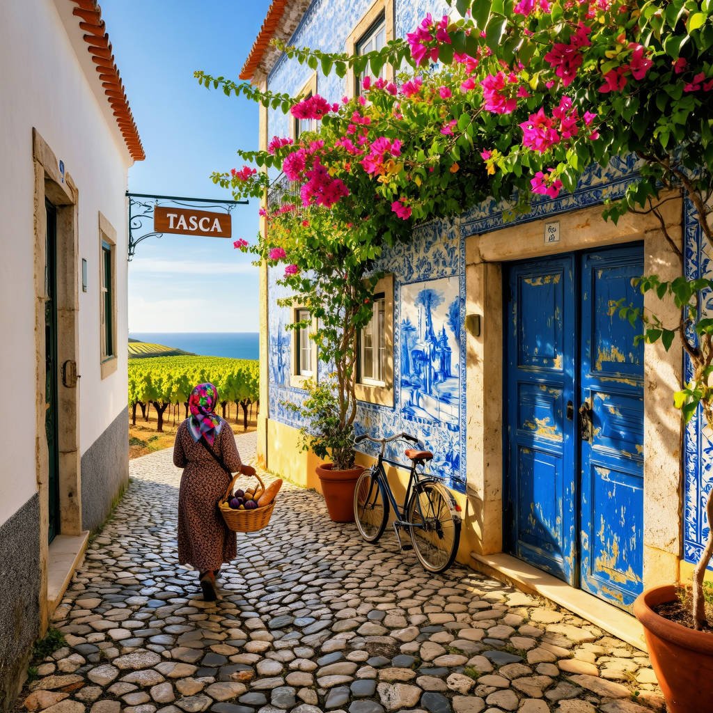 Portugal Travel Guide 2026: Woman walking through a colorful Portuguese alley with blue doors, flowers, and a bicycle near the vineyards