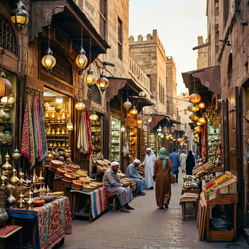 Traditional market in Cairo with colorful lanterns and shops — representing Visiting Egypt and Egyptian cultural heritage.