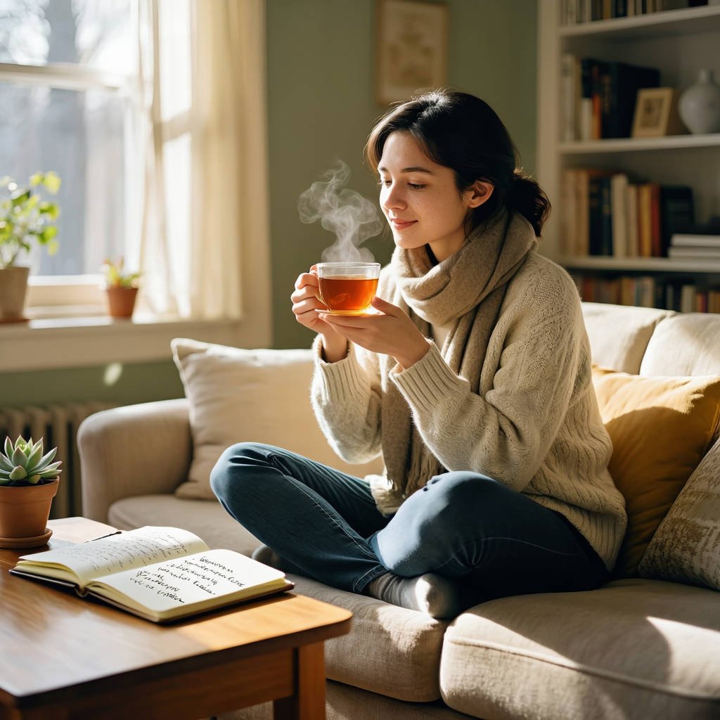 Woman relaxing at home with a cup of tea, representing Mental Health Awareness 2026 and mindfulness for emotional well-being.